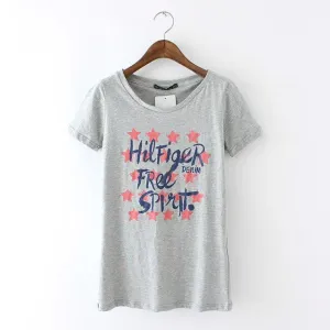 Women cute star letter gray T-shirt vintage basic short sleeve shirts Casual slim brand tops plus size DT113