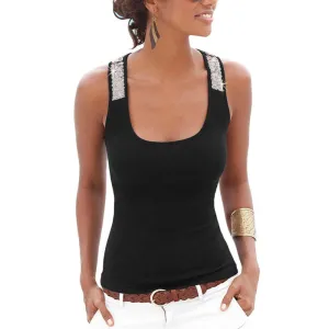 Women Ladies Sleeveless Sequin Glitter T-Shirt Casual Slim Cotton Tops tee shirt Plus Size