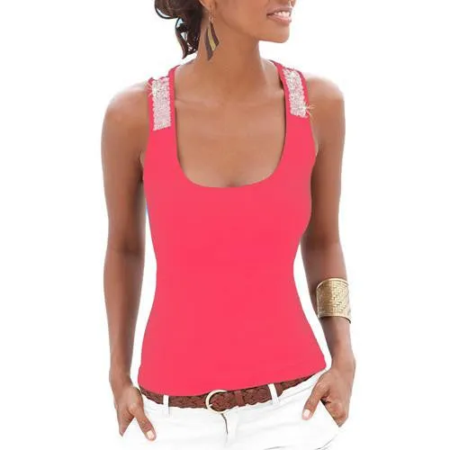 Women Ladies Sleeveless Sequin Glitter T-Shirt Casual Slim Cotton Tops tee shirt Plus Size