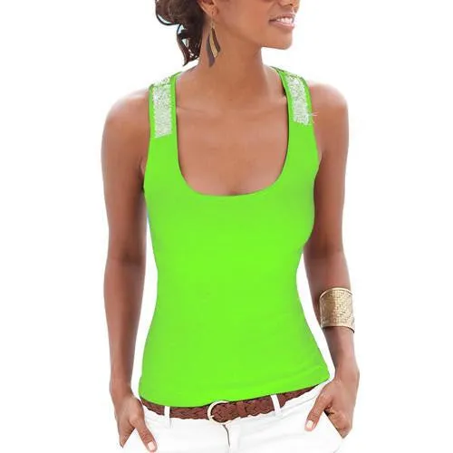 Women Ladies Sleeveless Sequin Glitter T-Shirt Casual Slim Cotton Tops tee shirt Plus Size
