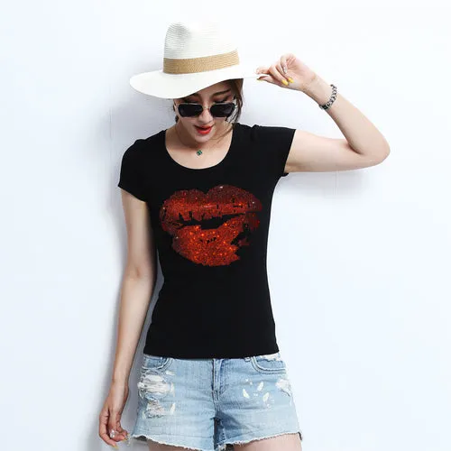 Women Sequins Lips tshirt