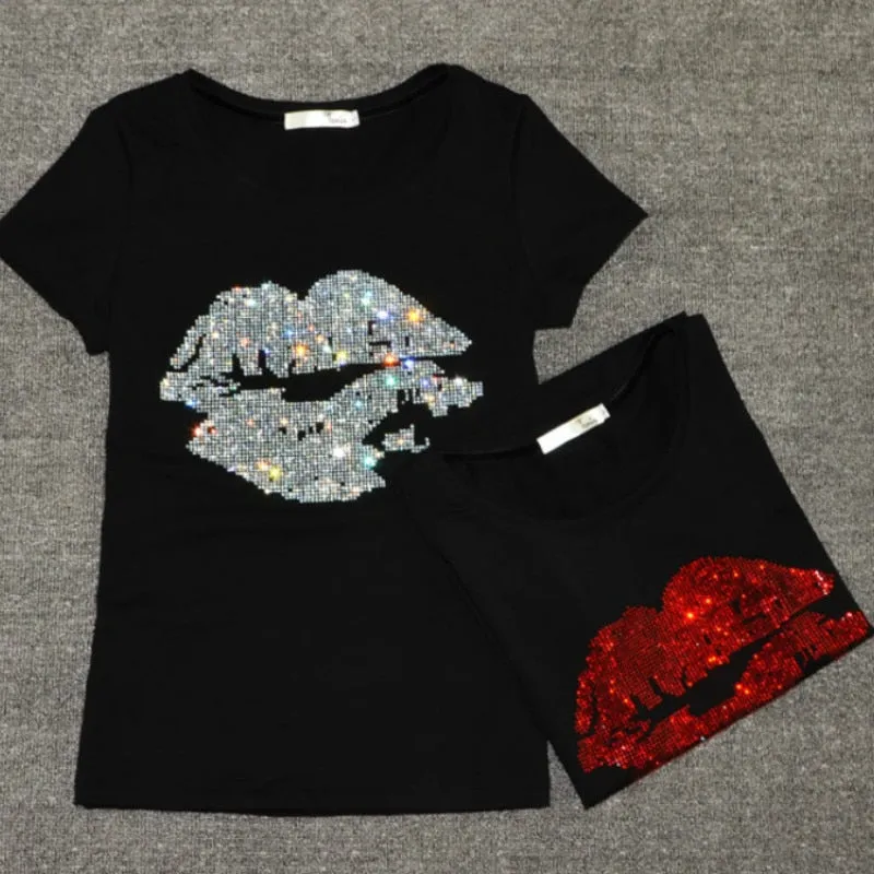 Women Sequins Lips tshirt