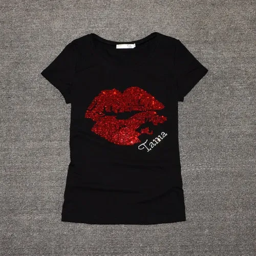 Women Sequins Lips tshirt