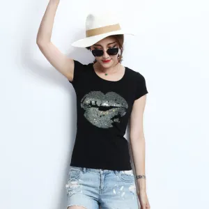 Women Sequins Lips tshirt