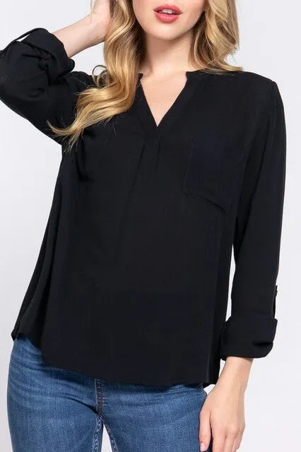 Women's Long Sleeve Round Open Neck with Pocket Woven Blouse