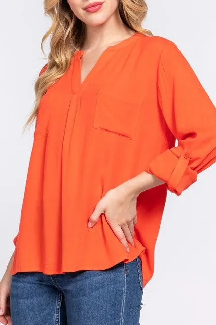 Women's Long Sleeve Round Open Neck with Pocket Woven Blouse