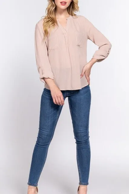 Women's Long Sleeve Round Open Neck with Pocket Woven Blouse
