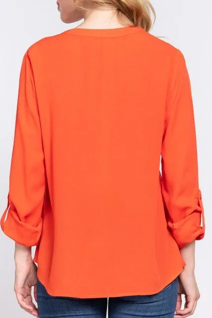 Women's Long Sleeve Round Open Neck with Pocket Woven Blouse