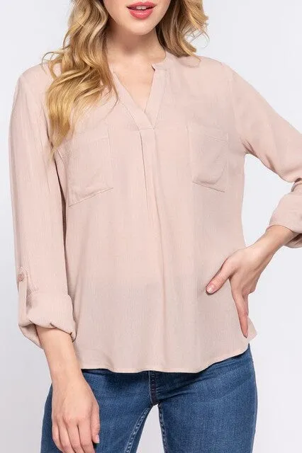 Women's Long Sleeve Round Open Neck with Pocket Woven Blouse