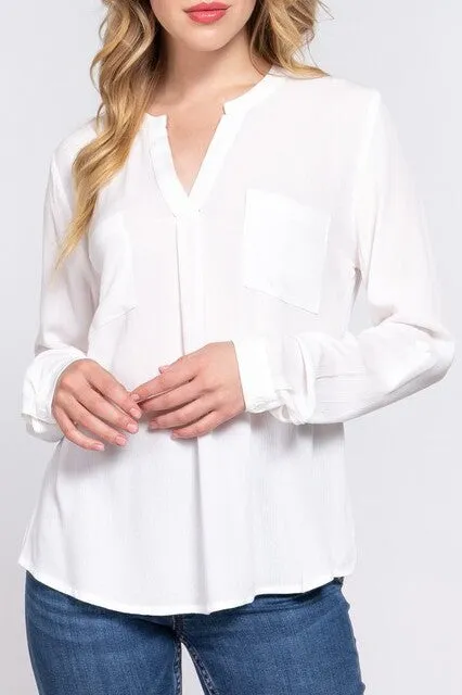 Women's Long Sleeve Round Open Neck with Pocket Woven Blouse