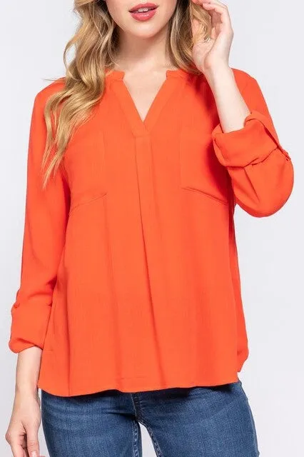 Women's Long Sleeve Round Open Neck with Pocket Woven Blouse