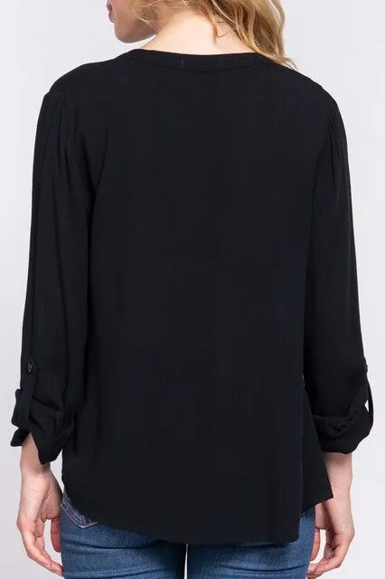 Women's Long Sleeve Round Open Neck with Pocket Woven Blouse