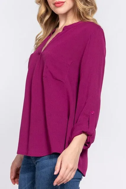 Women's Long Sleeve Round Open Neck with Pocket Woven Blouse