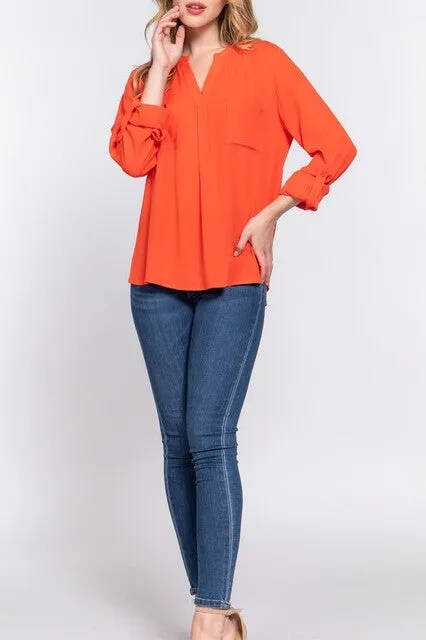 Women's Long Sleeve Round Open Neck with Pocket Woven Blouse