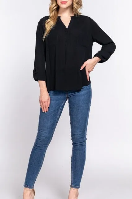 Women's Long Sleeve Round Open Neck with Pocket Woven Blouse