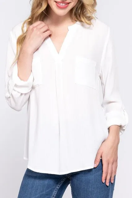 Women's Long Sleeve Round Open Neck with Pocket Woven Blouse