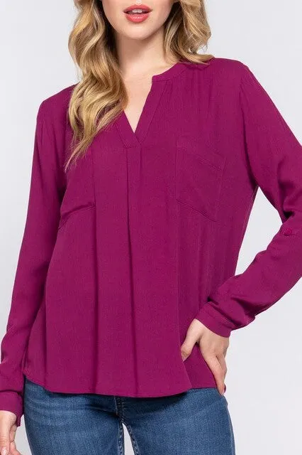 Women's Long Sleeve Round Open Neck with Pocket Woven Blouse