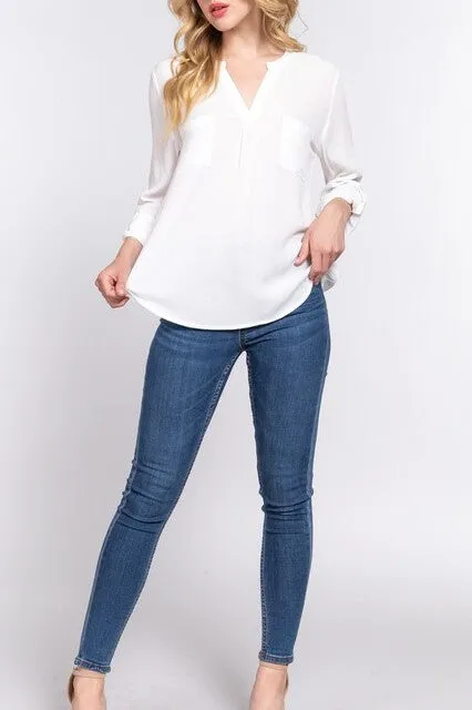 Women's Long Sleeve Round Open Neck with Pocket Woven Blouse