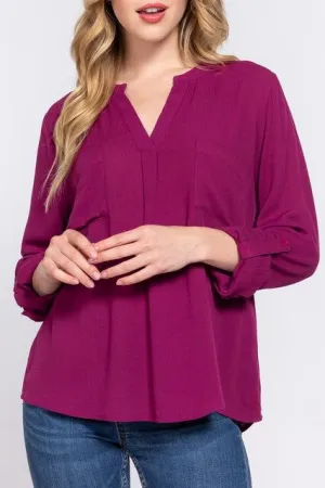 Women's Long Sleeve Round Open Neck with Pocket Woven Blouse