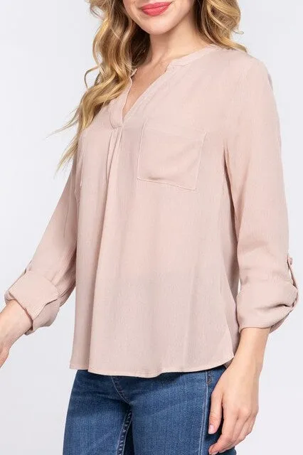 Women's Long Sleeve Round Open Neck with Pocket Woven Blouse