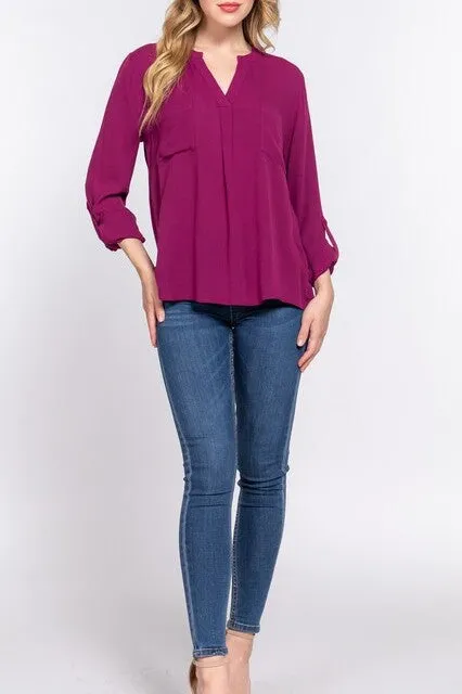 Women's Long Sleeve Round Open Neck with Pocket Woven Blouse