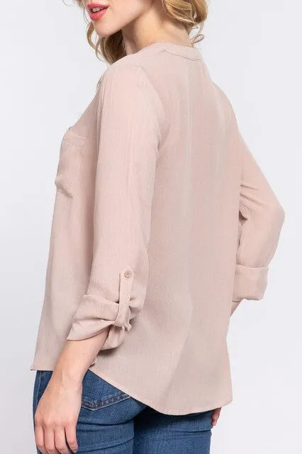Women's Long Sleeve Round Open Neck with Pocket Woven Blouse