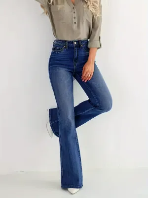 Women’s Slim-Fit Stretch Denim Jeans – Mid-Rise Flare Pants with Slant Pockets