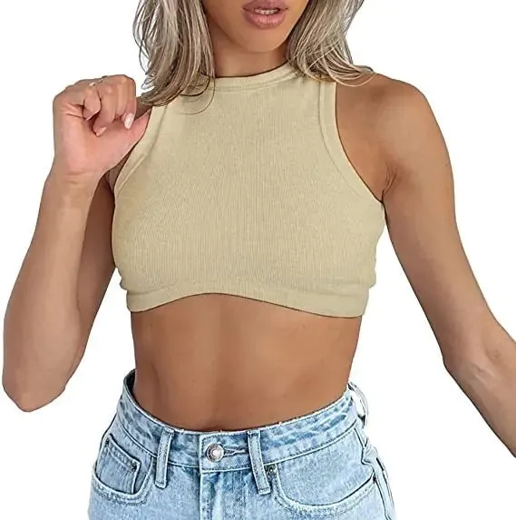 Wsirmet Crop Tops for Women Sexy Sleeveless Crewneck Knit Ribbed Y2K Going Out Tops Basic Shirt Beige