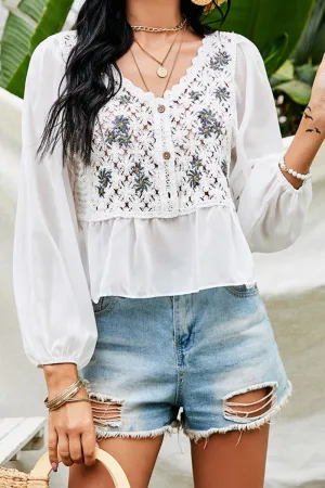 Xieyinshe Casual Embroidery Lace Buttons V Neck Tops