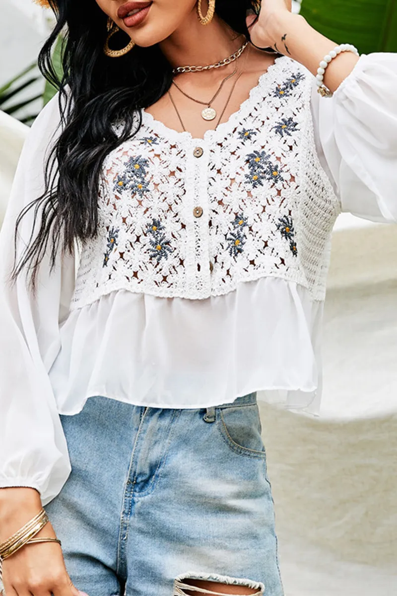 Xieyinshe Casual Embroidery Lace Buttons V Neck Tops
