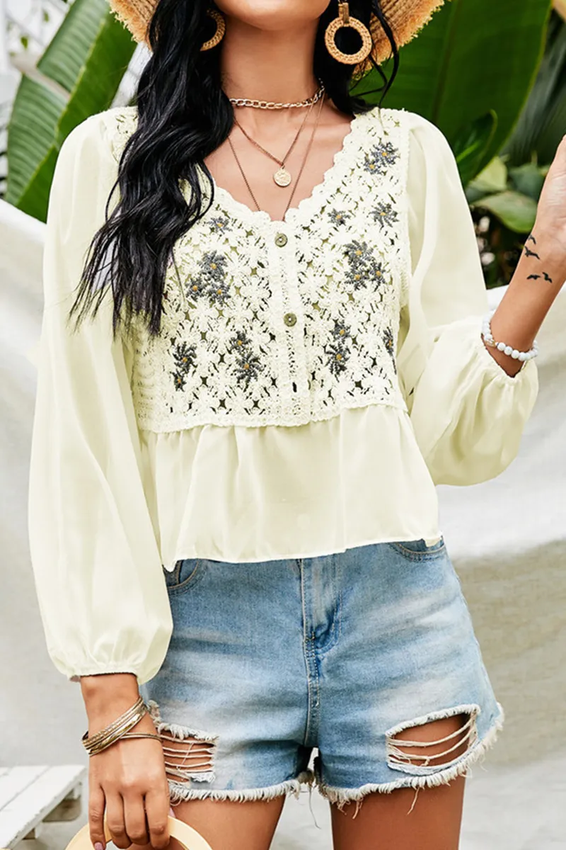 Xieyinshe Casual Embroidery Lace Buttons V Neck Tops