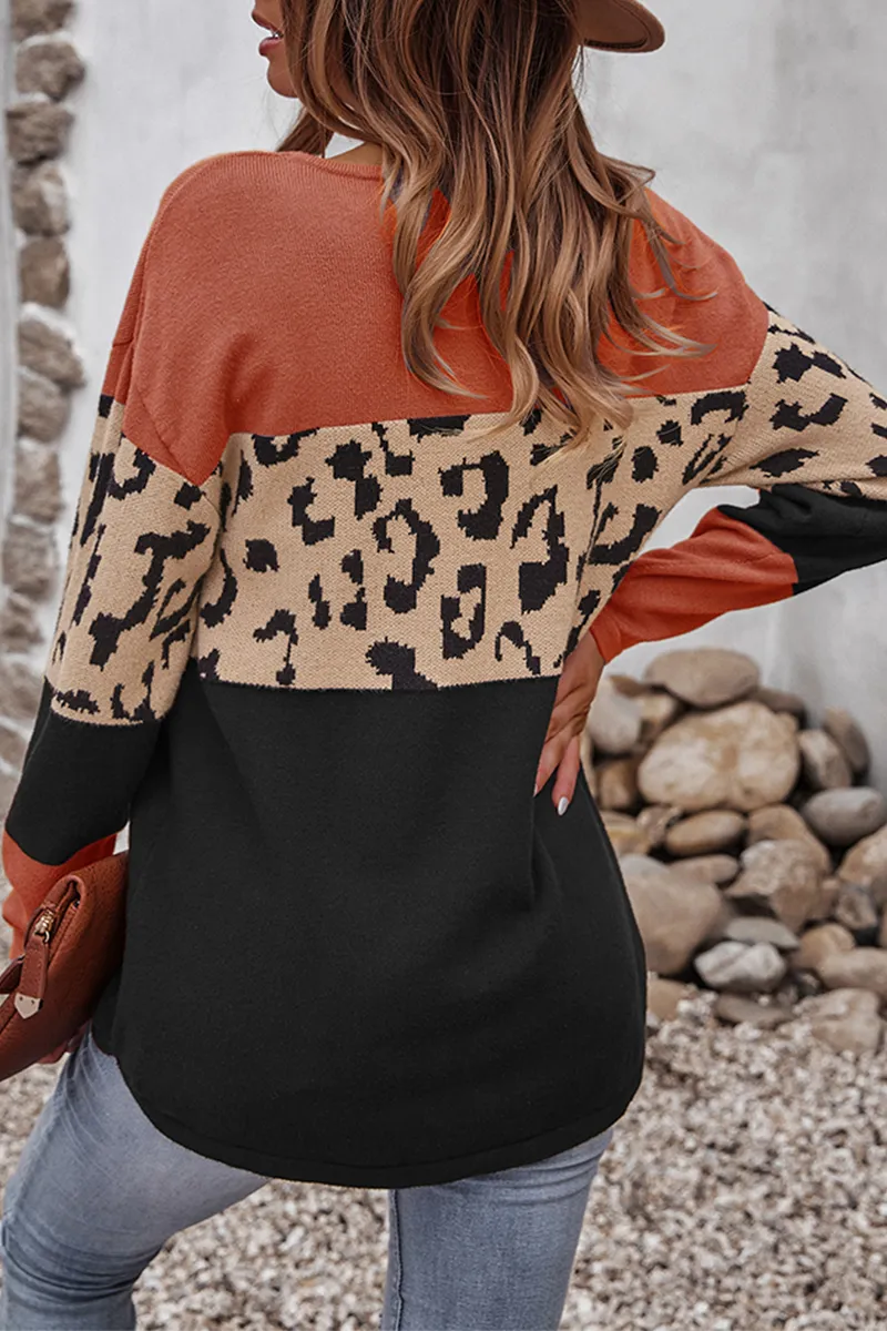 Xieyinshe Casual Leopard Patchwork Contrast O Neck Tops