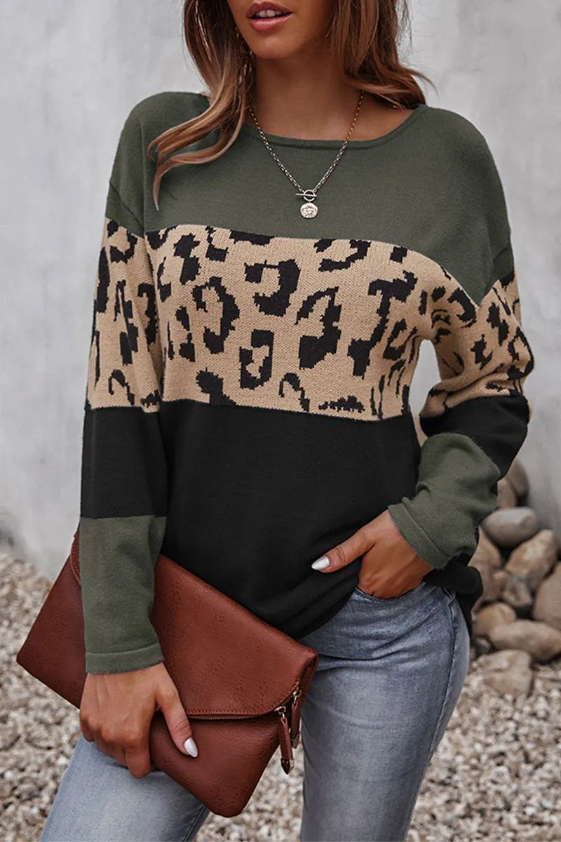Xieyinshe Casual Leopard Patchwork Contrast O Neck Tops