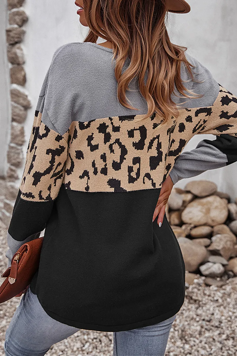Xieyinshe Casual Leopard Patchwork Contrast O Neck Tops