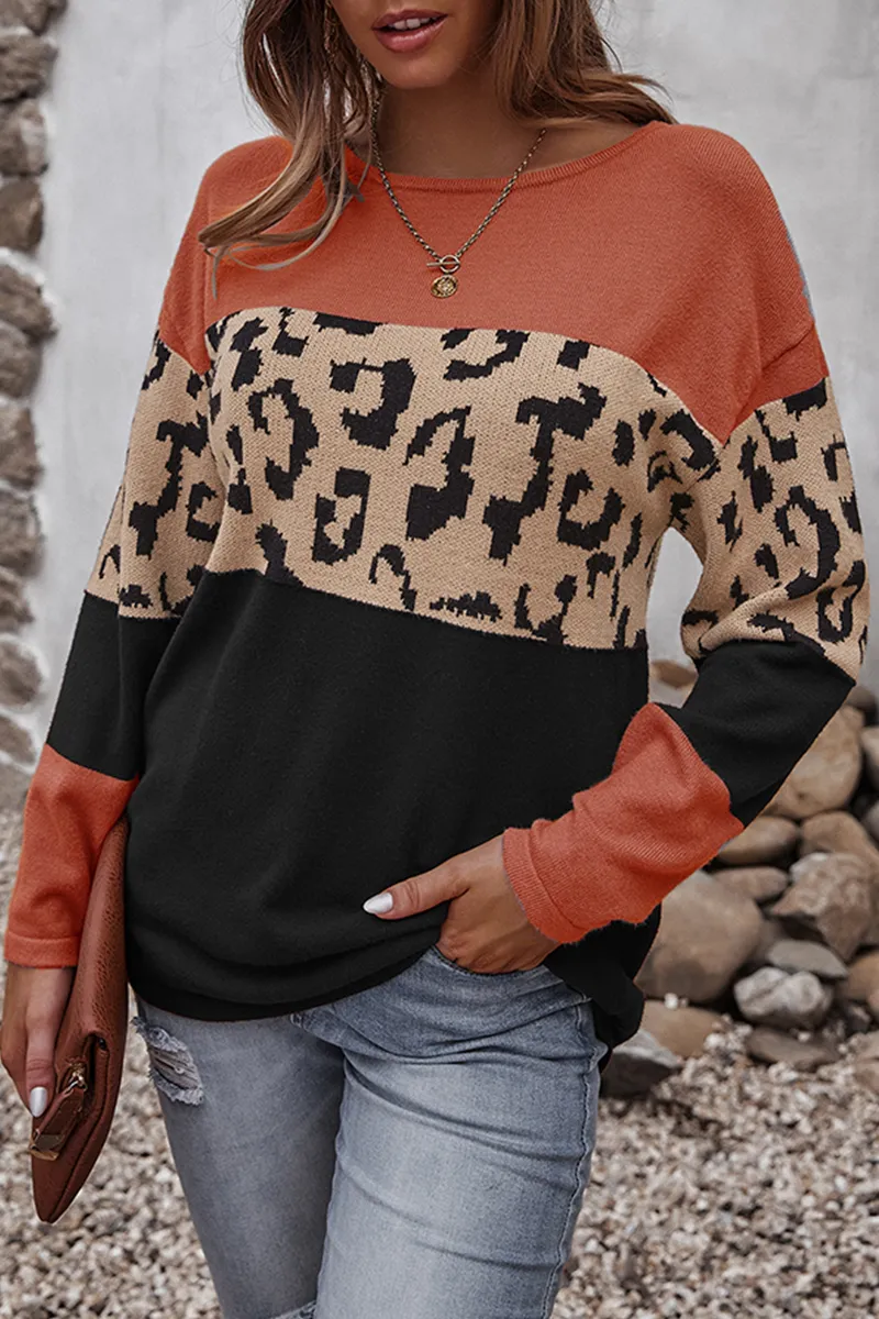 Xieyinshe Casual Leopard Patchwork Contrast O Neck Tops