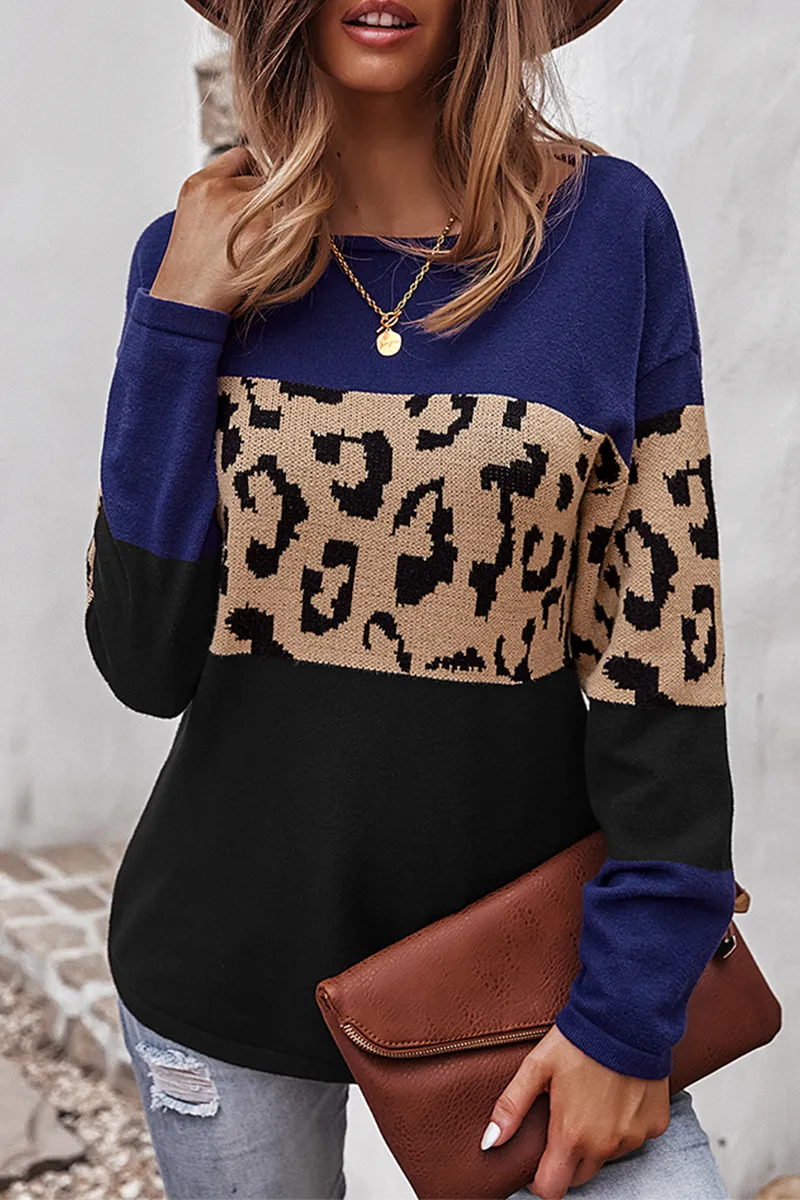 Xieyinshe Casual Leopard Patchwork Contrast O Neck Tops