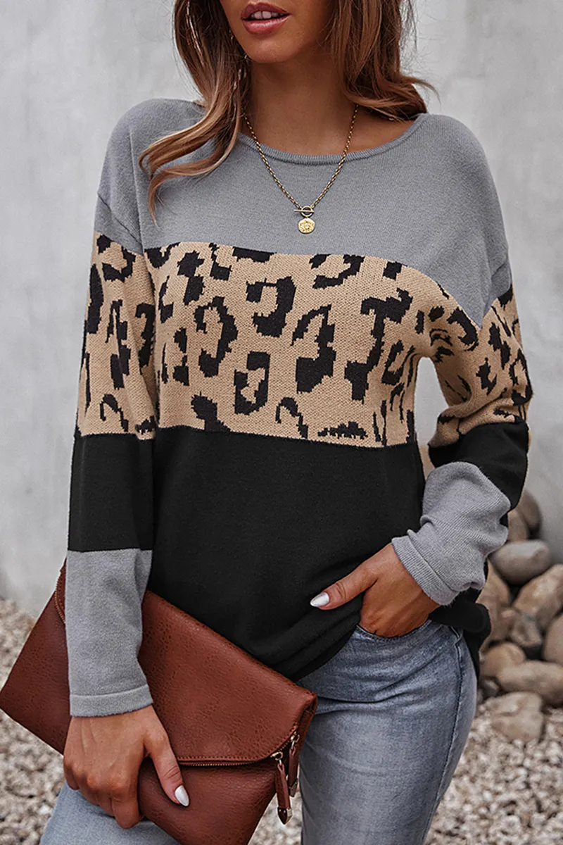 Xieyinshe Casual Leopard Patchwork Contrast O Neck Tops