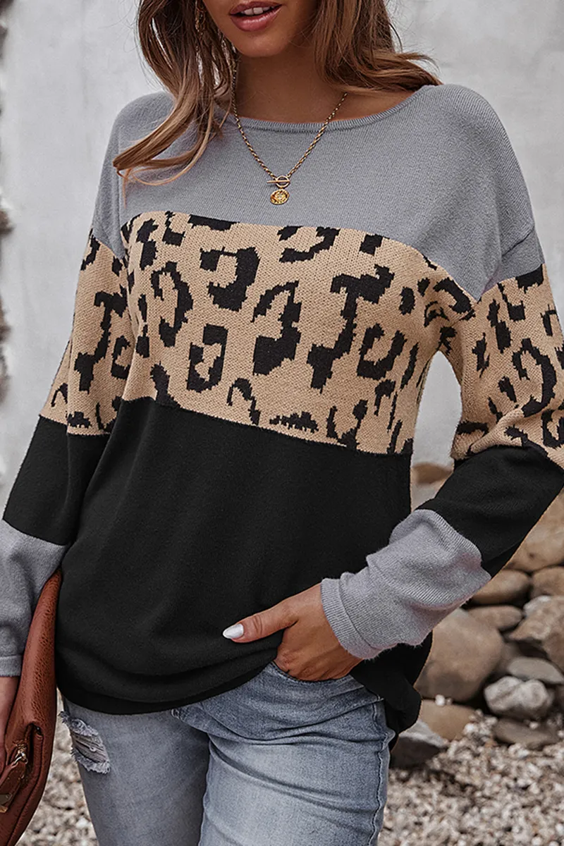 Xieyinshe Casual Leopard Patchwork Contrast O Neck Tops