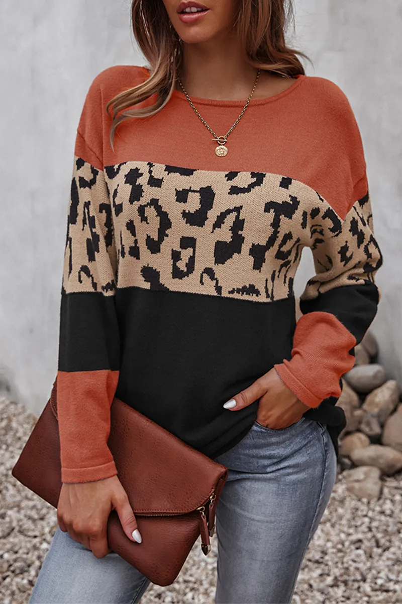 Xieyinshe Casual Leopard Patchwork Contrast O Neck Tops