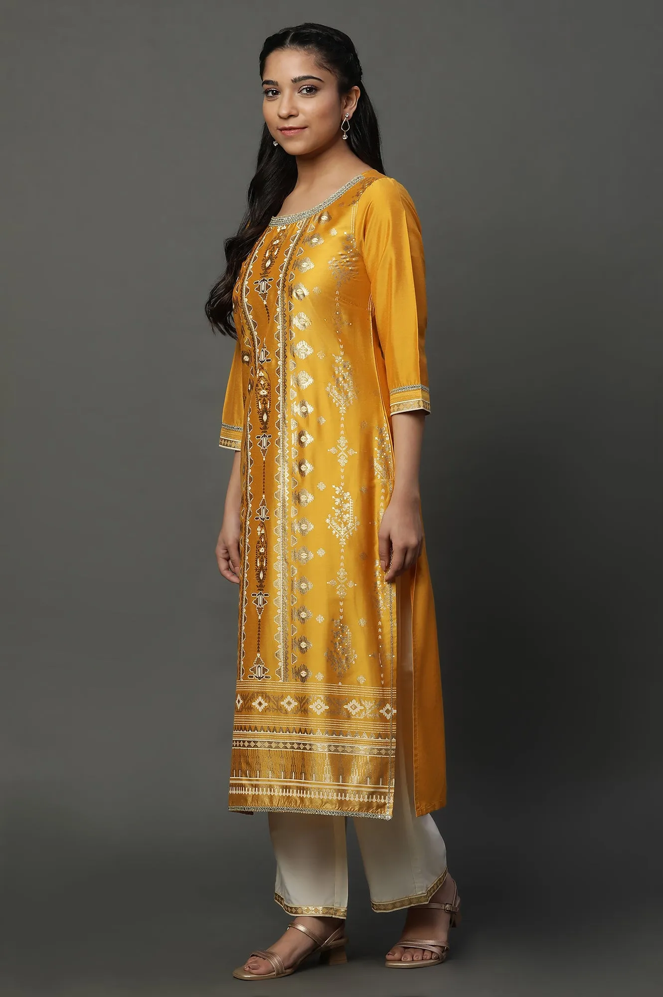 Yellow Foil Printed Embellished Kurta, Pants and Dupatta Set