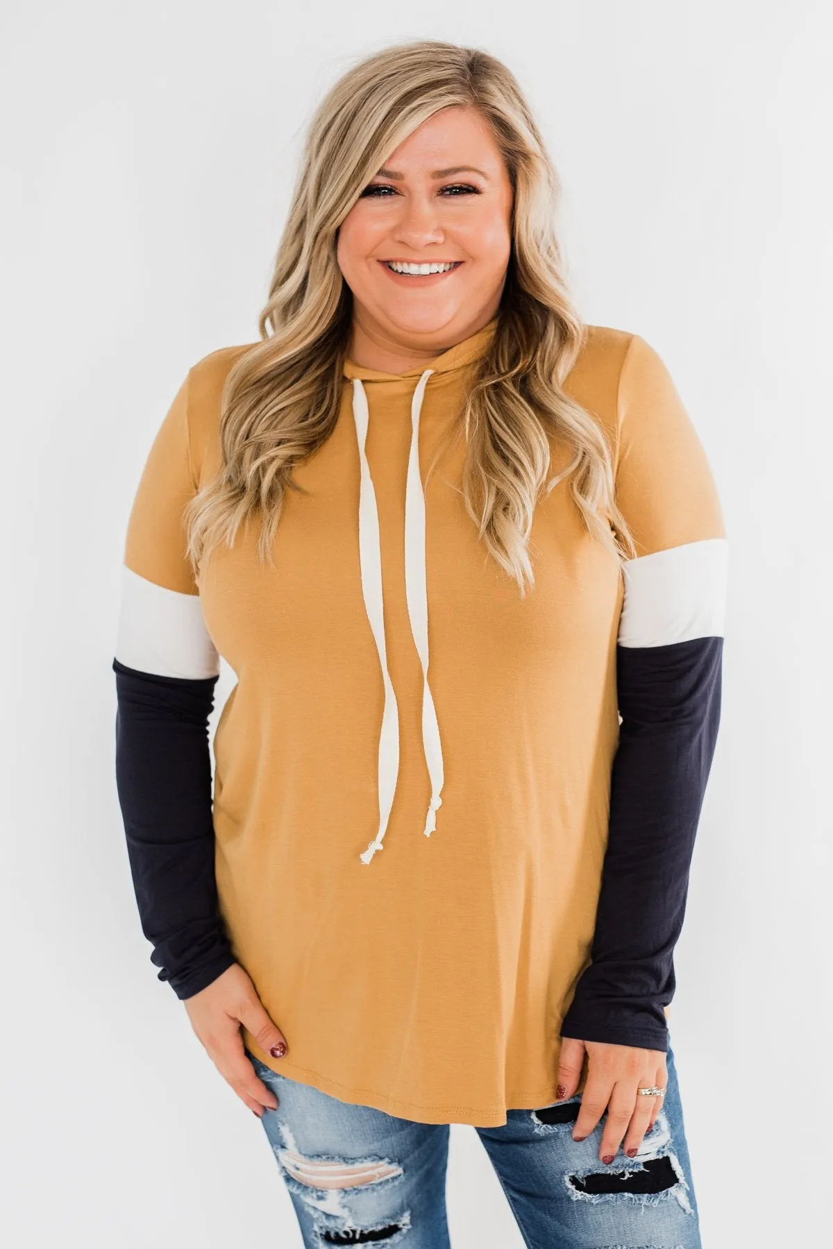 You And I Long Sleeve Hoodie- Mustard & Navy