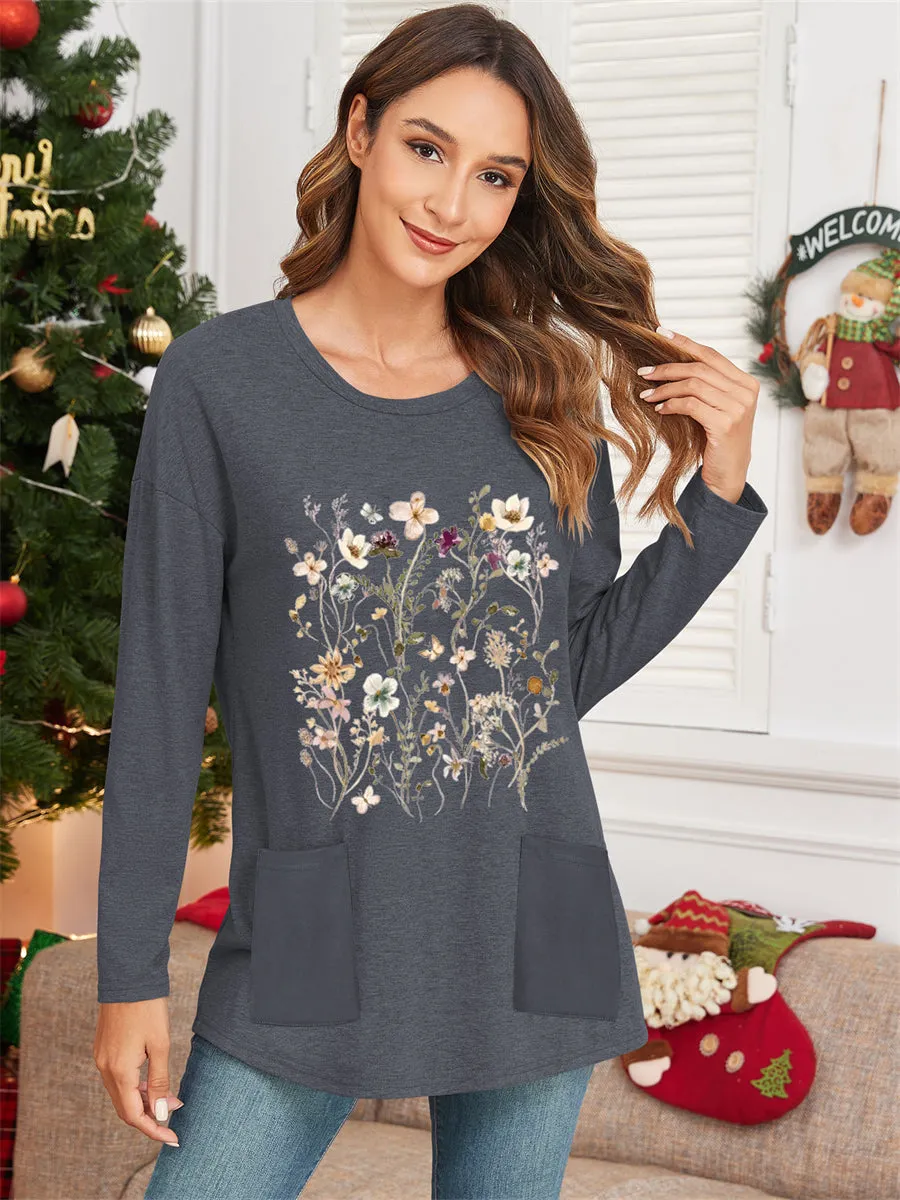 ZAFUL Womens Casual Long Sleeve Crewneck Santa Graphic Blouse Fashion Tops
